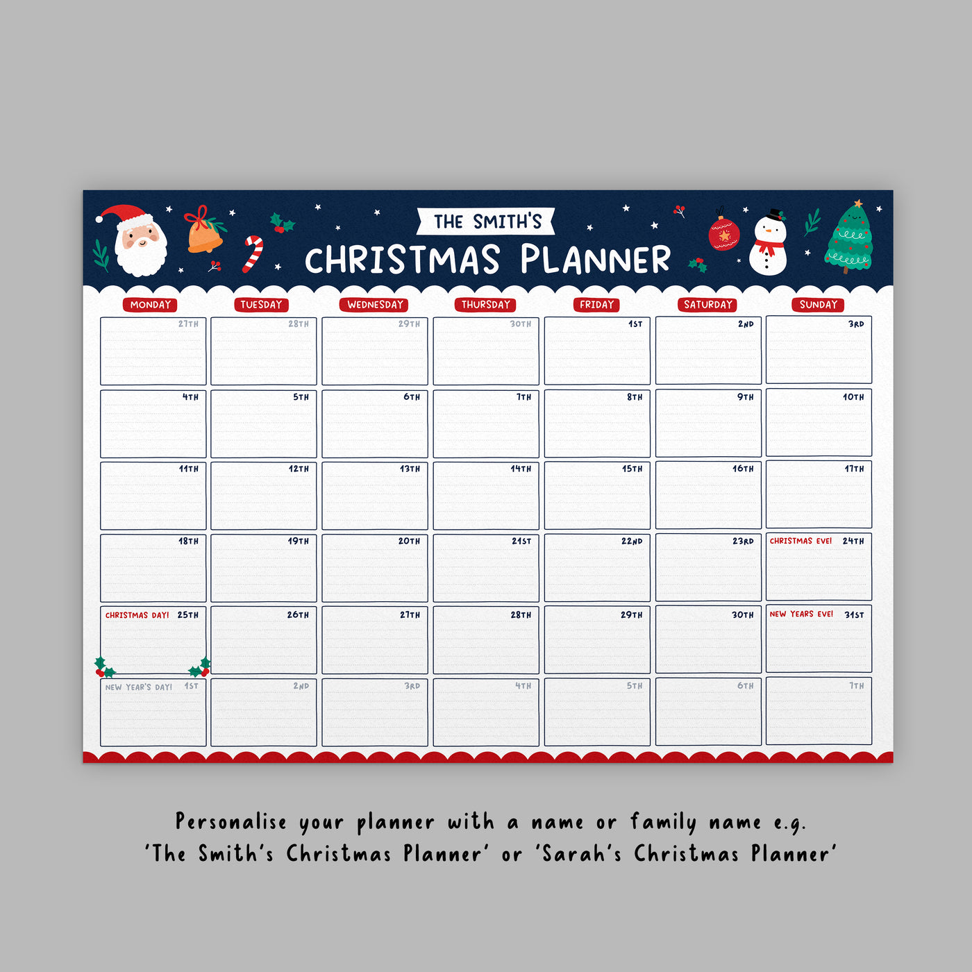 Personalised Christmas Planner - A3 December Calendar