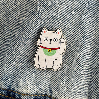 Lucky Cat Wooden Pin or Magnet